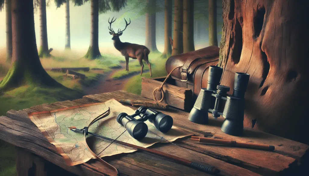 A serene scene in the forest with subtle hints of a deer hunt. A pair of inexpensive binoculars lie on a weathered wooden table next to a rudimentary map of the area. A simple bow with an arrow is ready, resting against an aged log. A deer track imprinted in the soft ground nearby. In the distance, a deer quietly grazing, oblivious to the impending hunt. No people or branding present.