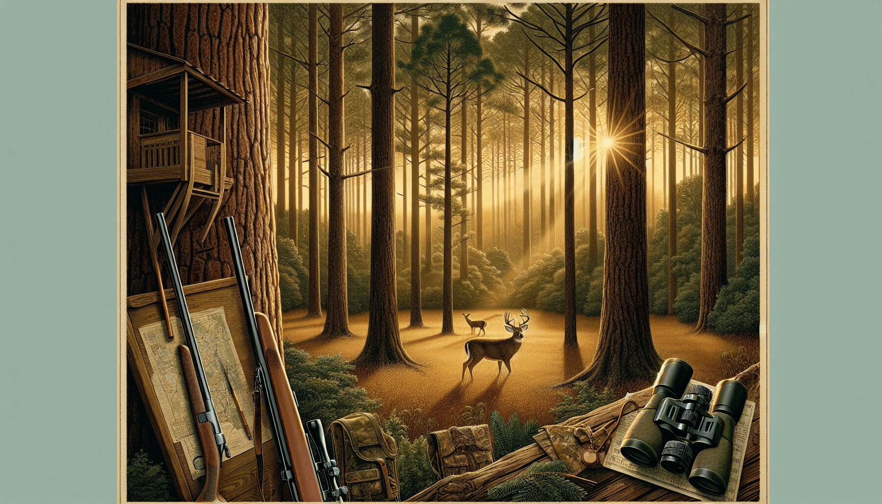 An illustrative image showcasing a tranquil forest scene in Alabama, characterized by towering pine trees and dense underbrush. Gold-hued sunlight filters through the canopy, hinting at a dawn or dusk setting. A couple of distant deer, one with a majestic set of antlers, graze peacefully in a clearing. Scattered around the periphery are elements integral to deer hunting, such as a well-camouflaged tree stand, a pair of binoculars, and a hunting rifle, devoid of any brand markings. The scene captures the essence of deer hunting but holds promise of respectful and conservation-minded practices.