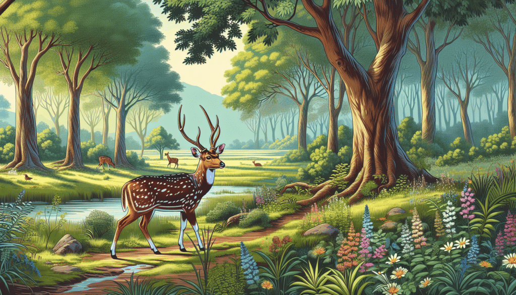 Illustrate a serene forest scenery where an Axis deer, also known as a Chital, can be seen exploring. The deer bears its distinctively sleek, golden-brown coat dotted with white spots bringing elegance to its movements. It's outdoors during daytime, parading amidst a thick grove of trees draped in greenery, and clusters of wildflowers blooming vibrantly under the warm sunlight. A distant brook quietly murmurs, completing the tranquil wilderness, and no people or human-made items like brand names and logos are present. Capture this moment of undisturbed wildlife.
