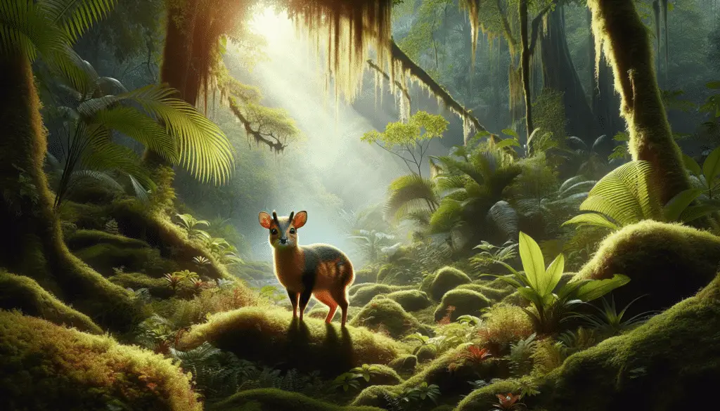 Create a vivid, highly detailed display of the Bornean Yellow Muntjac, a diminutive deer species located in Borneo's rich rainforests. The creature should be standing gracefully in its natural habitat, surrounded by lush greenery and intricate tropical plant life, bathed in the soft, early morning sunlight filtering through the canopy above. Its prominent traits, such as the tawny fur, distinctive facial markings, and diminutive antlers, should be accurately and meticulously depicted. Do not include humans, text elements, or any form of branding in this serene depiction of natural beauty.