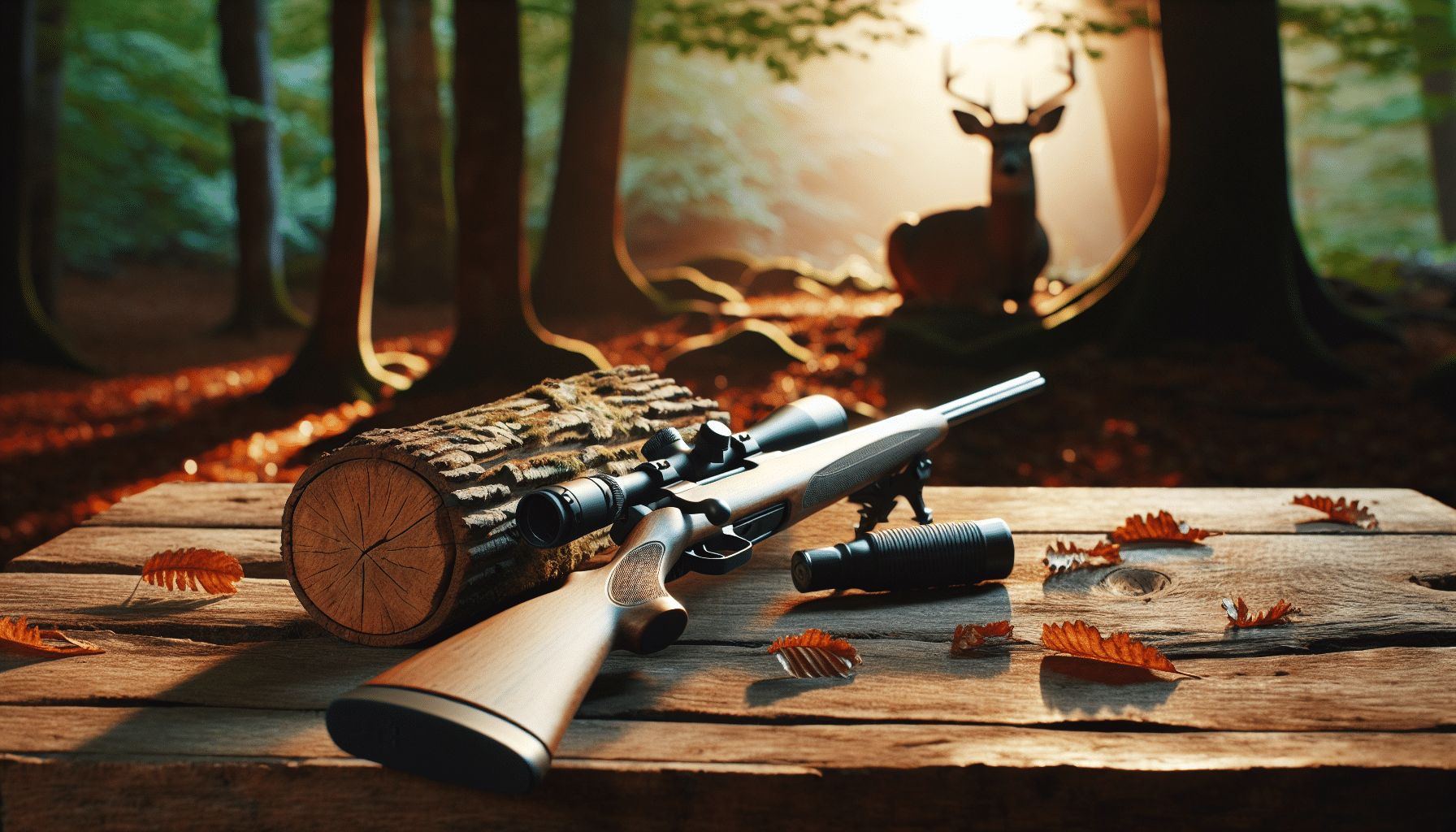 An image showing a beginner-friendly deer hunting scene. The focus is on a rifle resting on a rugged, wooden table in a forest during daytime. There's also a deer silhouette in the distance, half-hidden behind some trees. Leaves are gently falling from the trees surrounding the table. No people, text, brand names or logos are present in the scene.