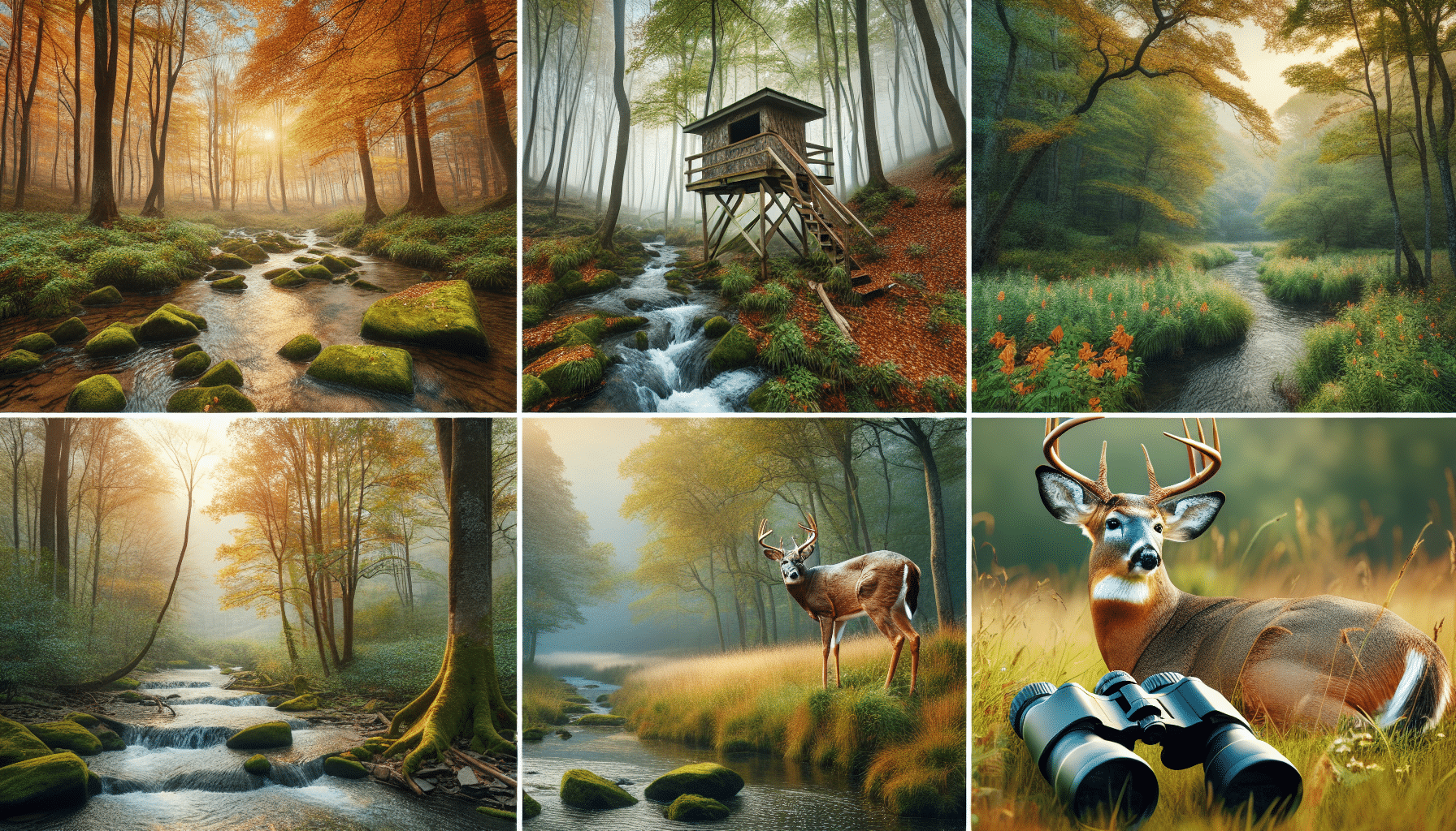 A scenic image showcasing the diverse landscape of West Virginia ideal for deer hunting. Depict a lush deciduous forest during the fall with the leaves changing colors. Show a serene early morning scene with a mist rising above a burbling stream. Include a well-camouflaged hunting stand hidden among the trees, and a pair of binoculars lying near it. Finally, reveal a deer, alert yet unaware of its surroundings, grazing nonchalantly in a grassy clearing. The surroundings should be devoid of any human presence.