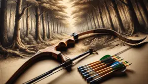 An image showing the ideal bow for archery hunting in dense forests in detail, devoid of any brand names or logos. The bow is made of finely polished wood, featuring prominent curve and resilience. Close by, arrows lie in a quiver. In the background, a sketch of a thick forest is present, rich in detail, displaying a variety of trees and undergrowth. The light filtering through the canopy suggests it's either a dawn or dusk. There are no people or any form of text within this picturesque composition.