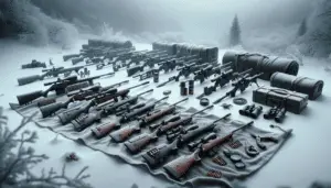 A detailed scene representing hunting in harsh weather conditions. The set has a snow-covered landscape with thick fog. There are a variety of hunting rifles laid out on a clear tarp, each differing in size and structure, and ranging from bolt-action to semi-automatic rifles. The weapons are corrosion-resistant, featuring heavy barrels, and customized to withstand extreme cold. Binoculars, ammunition and a compass are visible next to the rifles. Note that no brand names, logos, or text should be visible and there are no people included in the scene.