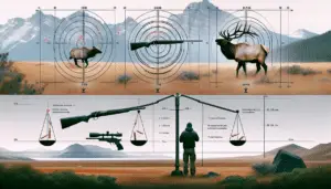 An insightful diagram illustrating the possible pros and cons of hunting elk with a .308 caliber firearm. Visualizations include an anonymous figure using a drawn .308, the trajectory of the bullet, and an elk in a standard scene of North American wilderness. On either side of the hunting scenario, scales symbolizing the 'pros and cons' tip in balance based on the outlined factors. The image is realistic yet schematic, full of color contrast but without any text, brand names or logos. There are no humans or other animals, aside from the elk, depicted in this image.