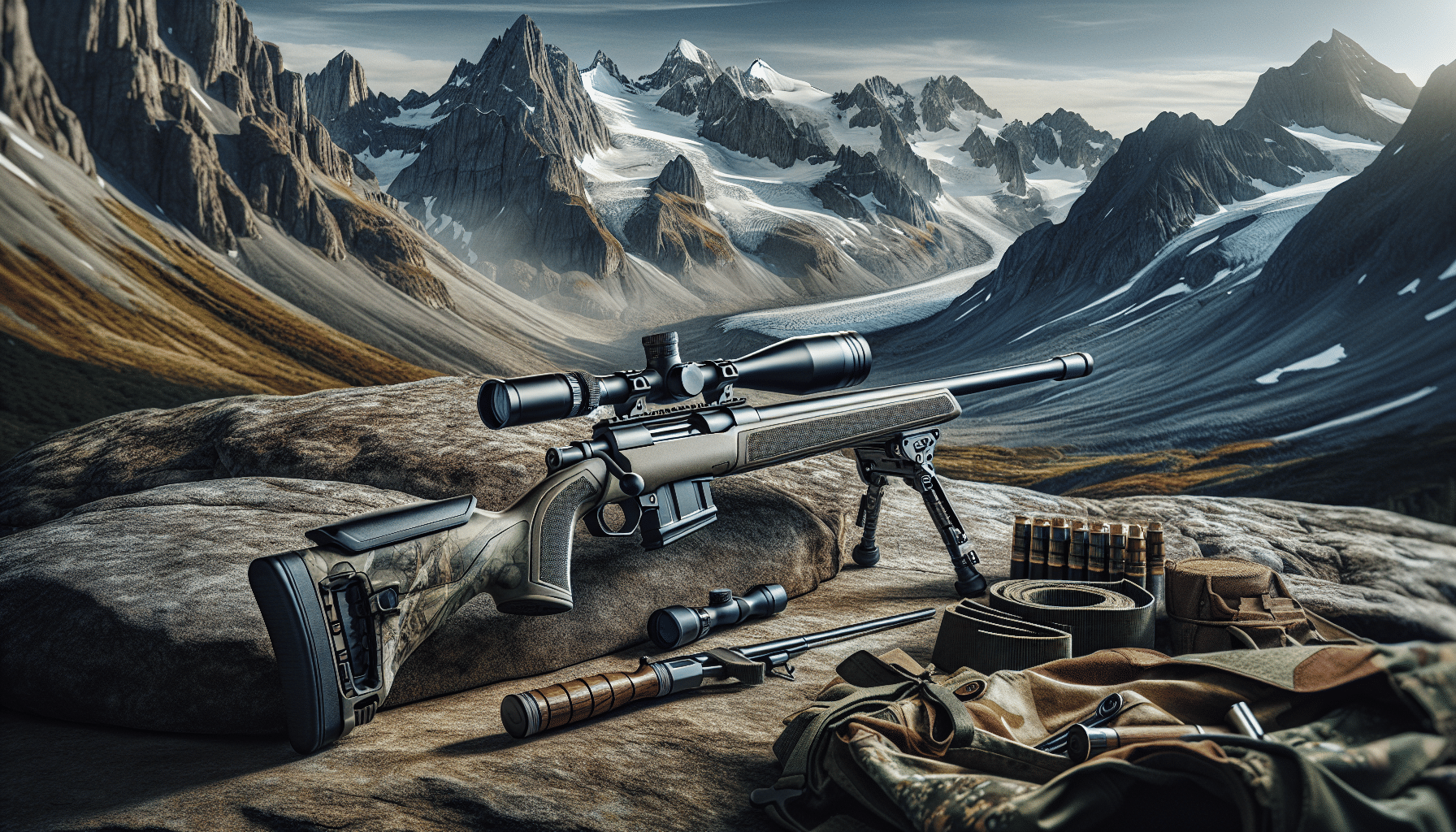 An image highlighting the distinctive features that make a good hunting rifle suitable for mountainous terrain. The landscape should be rugged and rocky, with steep slopes and snow-capped peaks in the background. The hunting rifle should be front and center on a natural rocky platform, devoid of any brand names or logos. It should have a matte finish to avoid reflection, a sturdy and durable construction to withstand the challenging environment, a lightweight design for easy mobilization, and a robust scope for accurate aim on long ranges. Besides the rifle, please incorporate some other relevant equipment like a camouflage cover and a sling strap, but without featuring people or any text in the image.