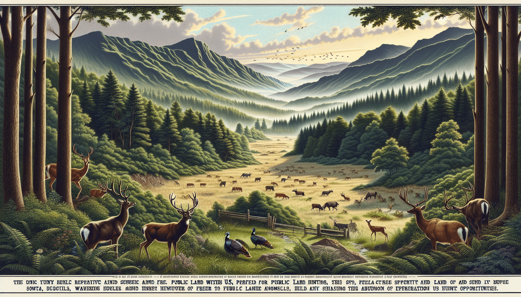 Illustrate an expansive and serene public land area within the U.S., perfect for free-range hunting. The scenery should reflect a variety of natural terrains -- dense forests, rolling hills, and hidden clearings, providing shelter for a diverse range of game animals. Deer, elk, turkeys, and other wildlife wander freely, signalling the abundance of hunting opportunities. Please avoid the inclusion of any human figures, text, brand names or logos. This image aims to depict a tranquil and forested environment filled with potential exploration and hunting spots, irrespective of any specific location.