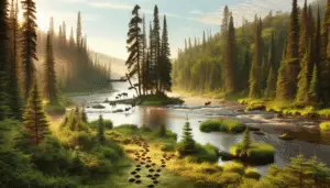 A tranquil, expansive wilderness scene showcasing one of the top hunting spots in Canada, ideal for moose. Picture a broad, gently flowing river snaking through a grand forest of conifer trees. Moose tracks subtly imprinted on the lush riverside vegetation acting as indicative signs for hunters. There is a safe but advantageous perch high up in a towering tree, perfectly constructed for hunting. The setting is just after dawn, with a gentle mist rising off the river surface and the warm sunlight piercing through the dense forest cover. Please avoid including any human figures, text, brand names or logos.