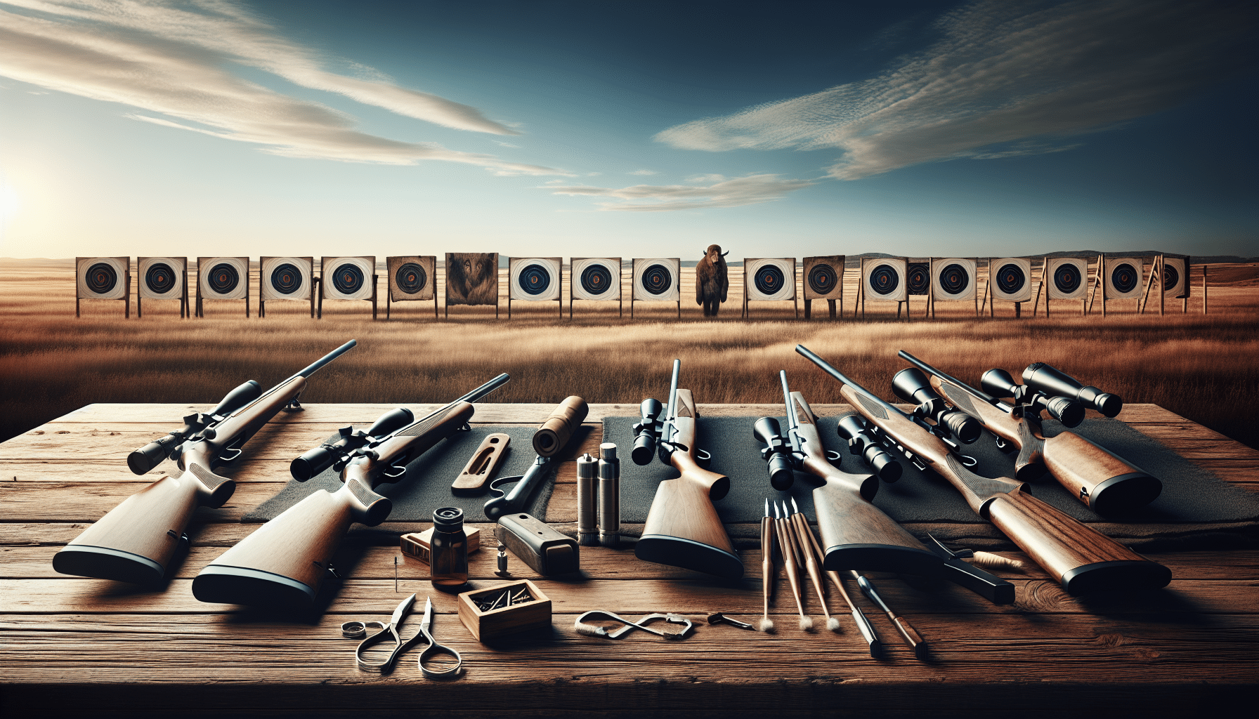 A serene and vast open plain under a clear sky. On the left, a selection of unbranded hunting rifles, varying in models and sizes, leaning against a rustic wooden table. On the table, tools for maintaining and adjusting the rifles such as scopes, bipods, and cleaning brushes. On the right, the targets set at different distances to illustrate long range, with focus on clear evidence of precision shots. The overall atmosphere exudes the thrill and challenge of long-range hunting in open plains, without any mention of brand names, logos or people in the scene.