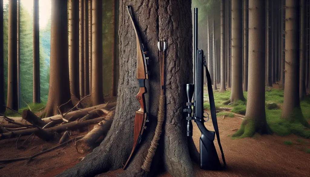 Generate a realistic image showcasing an untouched forest during hunting season, on one side a traditional bow resting against a tree hinting at old-fashioned hunting techniques, and on the other side, a modern hunting rifle leaning against the rough-bark realigning with new-age hunting. The contrast between the old ways and new methods should be evident in the image. Bear in mind that any sign of specific brands or people should be completely absent from this depiction.
