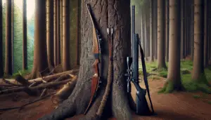 Generate a realistic image showcasing an untouched forest during hunting season, on one side a traditional bow resting against a tree hinting at old-fashioned hunting techniques, and on the other side, a modern hunting rifle leaning against the rough-bark realigning with new-age hunting. The contrast between the old ways and new methods should be evident in the image. Bear in mind that any sign of specific brands or people should be completely absent from this depiction.