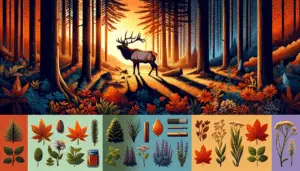 A vibrant forest landscape during the fall hunting season. At the center, a majestic elk stands, bringing warmth and life to the cold autumn scene. To the left, a variety of herbs and elements with intense scents such as pine, mint, and sage are scattered around, potentially used for masking a hunter's scent. The sun is setting, casting long shadows that create a beautiful contrast with the orange leaves.