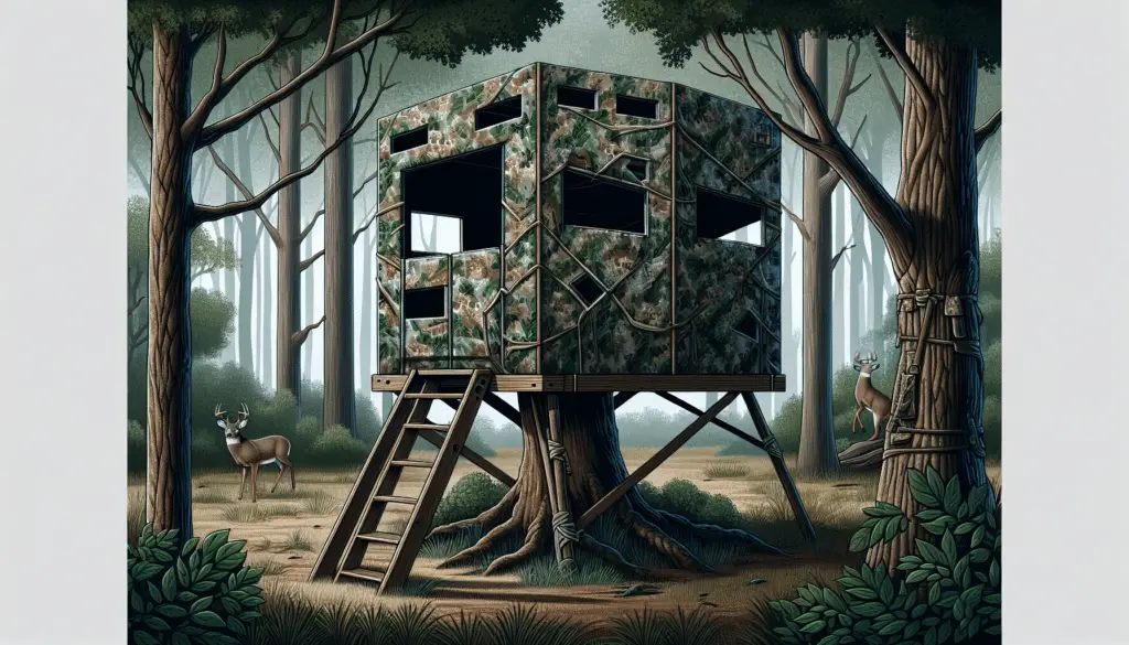 An illustration of a well-crafted deer hunting blind set in a dense forest. The blind is built on a sturdy tree, wrapped with natural-looking camouflage materials that blend within the surroundings. It features windows on all sides for visibility, and ladder steps for accessibility. Branches and leaves conceal the structure from view. The interior is spacious, indicating room for movement and storage. There are no brand logos, text, or humans present. The serene forest backdrop includes various wildlife, minus deer, to maintain the hunt's element of surprise.