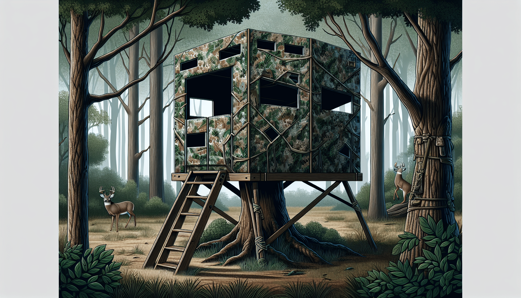 An illustration of a well-crafted deer hunting blind set in a dense forest. The blind is built on a sturdy tree, wrapped with natural-looking camouflage materials that blend within the surroundings. It features windows on all sides for visibility, and ladder steps for accessibility. Branches and leaves conceal the structure from view. The interior is spacious, indicating room for movement and storage. There are no brand logos, text, or humans present. The serene forest backdrop includes various wildlife, minus deer, to maintain the hunt's element of surprise.