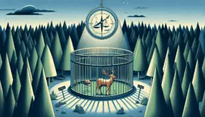 Illustrate a conceptual representation of the theme of navigating ethical dilemmas inherent to high-fence deer hunting. Show a fenced-in forest area, signifying a hunting enclosure, and a deer safely grazing inside. Illustrate a compass hovering above this scene, suggesting 'navigation'. Depict a balanced scale signifying 'ethics' casting a large shadow over the scene. A calm atmospheric setting may convey a contemplative mood. Do not feature any humans, brand names, or logos.