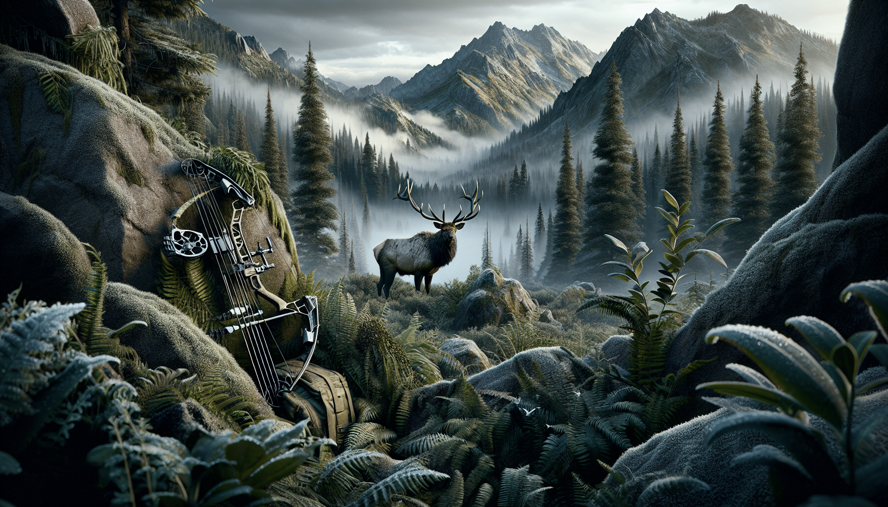 An image showcasing the various challenges of bowhunting for elk. The foreground features a rugged, mountainous terrain with dense forests indicating the difficult navigation. A prominent elk is seen in the middle distance, marked by its impressive antlers, signifying the elusive nature of the prey. Carefully concealed among the foliage is a bow and a set of arrows, depicting the primitive and skill-intensive equipment used. Challenging weather elements like mist and frost could be subtly incorporated into the scene. There are no human figures, brand names, logos, or text visible in the image.