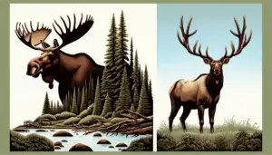 An illustration depicting a contrast between moose and elk hunting. On one side of the image, visualize a dense forest environment with a large, solitary moose, characterized by its broad, flat antlers and bulky physique, partially obscured by tall trees and bushy vegetation. On the other side, depict a slightly more open woodland with an elk, recognized by its slender body and more pointed, branching antlers, standing alert near a stream. Do not include any people, text, brands, or logos in the image.