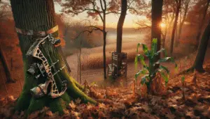 An autumn terrain with deciduous trees shedding leaves, and a network of deer tracks scattered across the ground. Nearby, there's a deer stand built with hidden camouflage amidst the trees. A compound bow along with a quiver filled with arrows rests against the bark of a tree, signifying a hunting strategy without revealing any human presence. Last rays of the setting sun filters through the branches, indicating the 'late-season' time frame. The surrounding vegetation includes corn stalks, symbolizing food plots commonly used for attracting deer. No text, logos, or brand names can be seen.