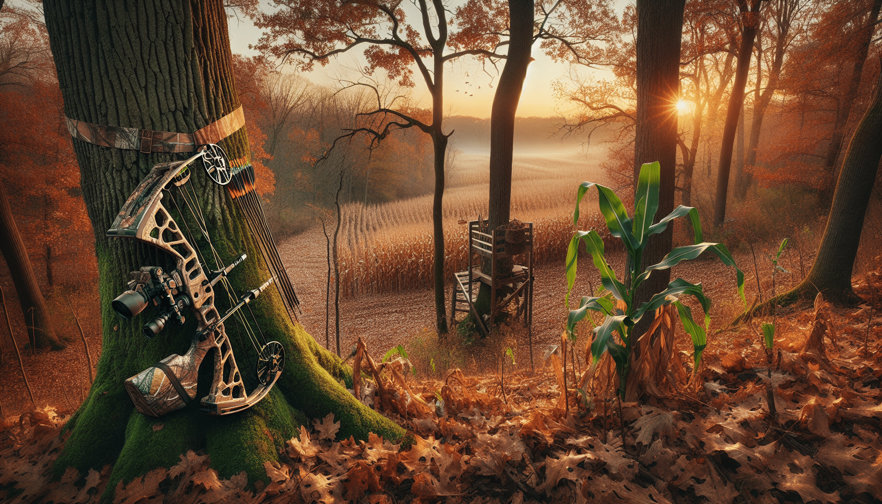 An autumn terrain with deciduous trees shedding leaves, and a network of deer tracks scattered across the ground. Nearby, there's a deer stand built with hidden camouflage amidst the trees. A compound bow along with a quiver filled with arrows rests against the bark of a tree, signifying a hunting strategy without revealing any human presence. Last rays of the setting sun filters through the branches, indicating the 'late-season' time frame. The surrounding vegetation includes corn stalks, symbolizing food plots commonly used for attracting deer. No text, logos, or brand names can be seen.