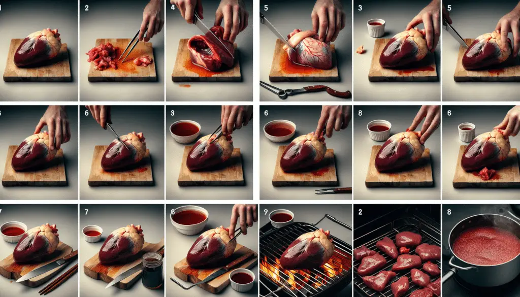 A photographic representation of step-by-step lesson on preparing deer heart without people. The image will contain a sequence of scenes: a clean, wild game heart on a cutting board; progressing to preparation steps showing the clean organ being trimmed of valves and fat; then dunking the heart into a marinade; and finally, the heart cooking on a grill. The settings and objects, including cutting board and grill, will be generic and without any branding. The image will maintain a clean, professional aesthetic without any text or brand names.