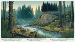 An illustrated scene demonstrating various elements critical to selecting the perfect location for deer hunting. The scene includes a dense forest with a mix of tall pine and deciduous trees. A stream cuts through the forest and a rocky outcrop provides a vantage point nearby. Clear sightlines are visualized by dotted lines extending from the outcrop across the forest. Animal tracks are visible in the earth near the stream, suggesting presence of deer. Two potential hunting spots are marked with non-branded, generic red flags. The environment suggests early dawn, the ideal time for hunting.