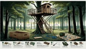 An illustration displaying the method to set up a deer stand gracefully and safely. The image depicts a tranquil forest setting, and nestled amongst the trees is a well-constructed deer stand, highlighting its proper placement high up in a sturdy, broad-leaved deciduous tree. The sturdy steps lead up to it and safety harness equipment lies nearby, suggesting its significant role in maintaining security while using the deer stand. Additionally, display a dismantled deer stand on the ground, presumably prior to assembly, providing clues on its structure and integral components. Importantly, no humans, text or brand logos are present in the scene.