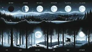 Illustrate a serene landscape under the different phases of the moon such as a new moon, first quarter moon, full moon, and last quarter moon, transforming over a dense forest. Show traces of gentle deer movement with discernible deer tracks, and subtle signs of hunting like an unmanned tree stand, and scattered hunting arrows, without showcasing humans or human activity. Ensure no brands or text are visible. Add a sense of mystery and tranquility to convey the impact of the moon phases on deer activity.
