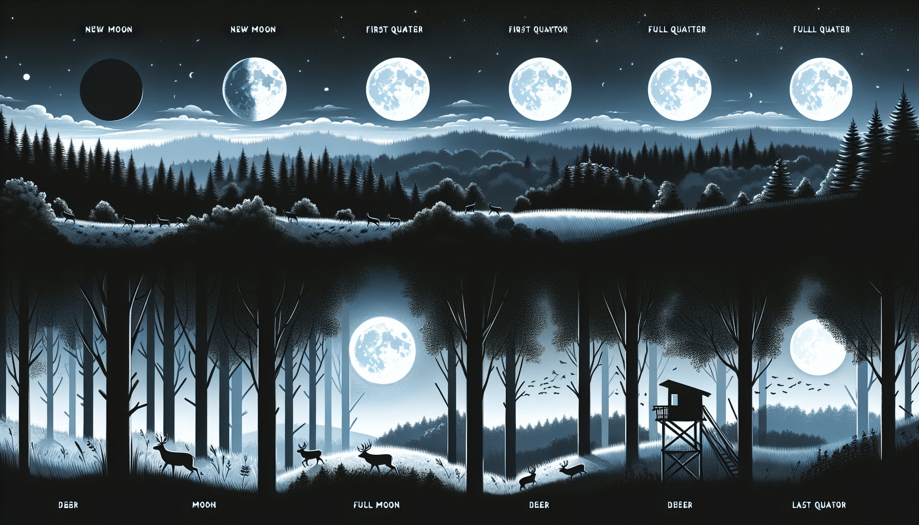 Illustrate a serene landscape under the different phases of the moon such as a new moon, first quarter moon, full moon, and last quarter moon, transforming over a dense forest. Show traces of gentle deer movement with discernible deer tracks, and subtle signs of hunting like an unmanned tree stand, and scattered hunting arrows, without showcasing humans or human activity. Ensure no brands or text are visible. Add a sense of mystery and tranquility to convey the impact of the moon phases on deer activity.
