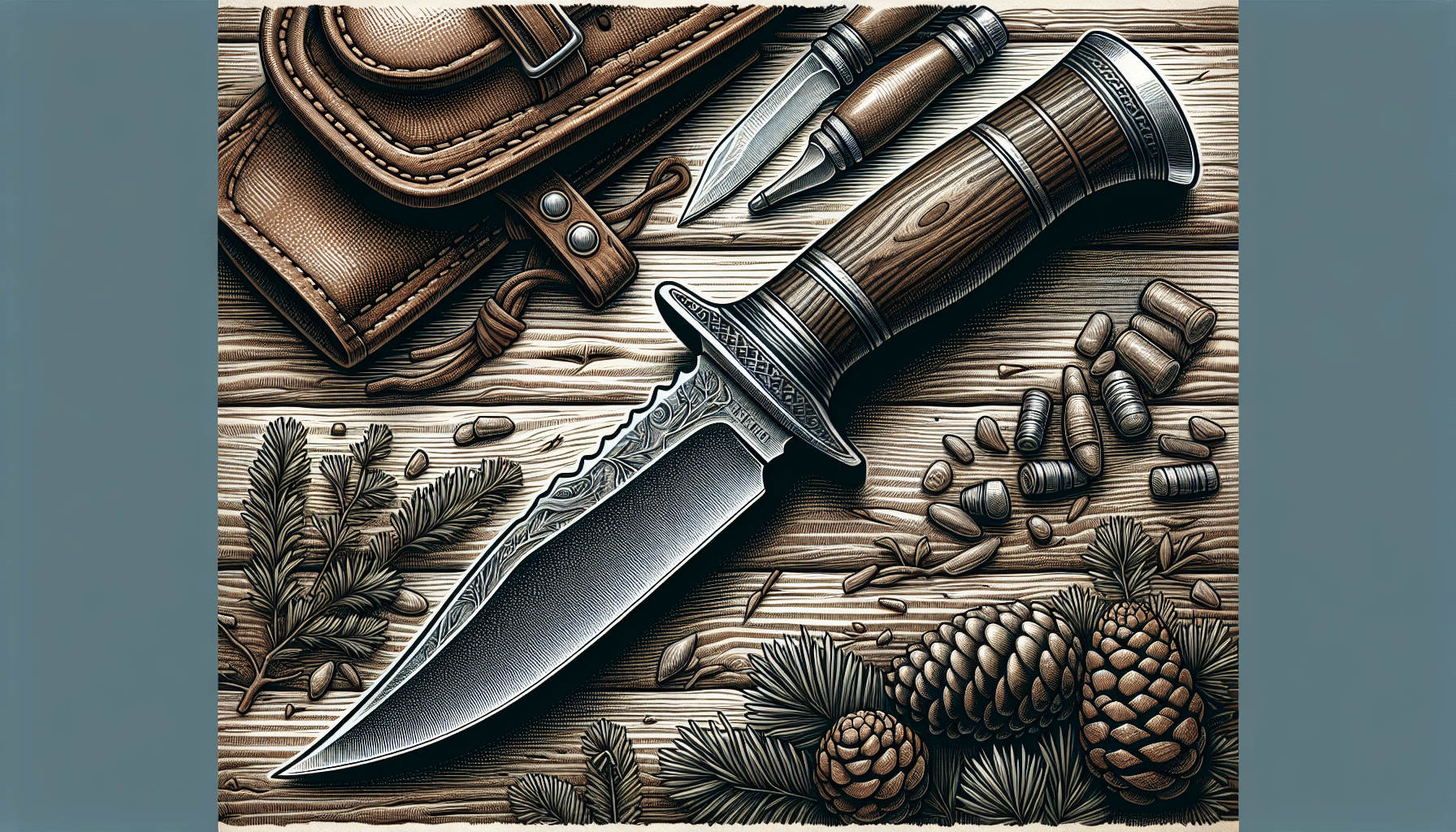 Detailed illustration of a high-quality deer hunting knife. The knife should have a sharp, curved blade suitable for dressing a deer. It should display characteristics typical of a hunting knife such as a sturdy handle made from hardwood or bone with a non-slip grip. At the base of the blade, there should be a finger guard for safety. The knife rests on a rough wooden surface, surrounded by elements of a typical hunting environment, such as pine cones, foliage, and a worn leather sheath for the knife. No text, brand names, logos, or people should appear in the image.