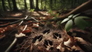 An outdoor scene capturing the subtle signs of deer activity in a forest setting. A close view of fresh deer tracks imprinted in the soft soil, surrounded by fallen leaves. Nearby, a partially eaten shrub provides evidence of a recent visit. A broken twig hangs from a low tree branch, suggesting the deer's path through the underbrush. Natural light filters through the forest canopy, casting dappled shadows and illuminating the clues left behind. No human presence, brand names, logos or textual elements are visible within this image.