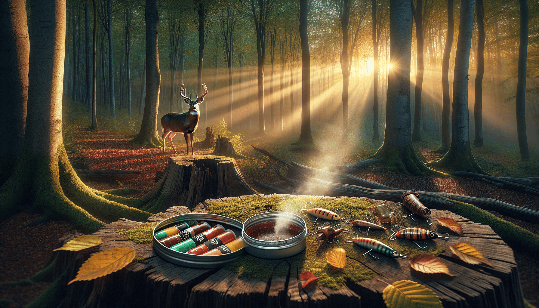 Visualize a scenic forest setting bathed in the early morning light. At the forefront of the image, a deer is standing, captivated and intrigued by the scent wafting through the air. Not far from the deer, is an open container with small hint of steam coming out indicating the scent. A few metres away, a collection of carefully arranged lures lay on an old weathered tree stump. Bed of freshly fallen leaves surround the setting. No people, text or brand logos are included in the image.