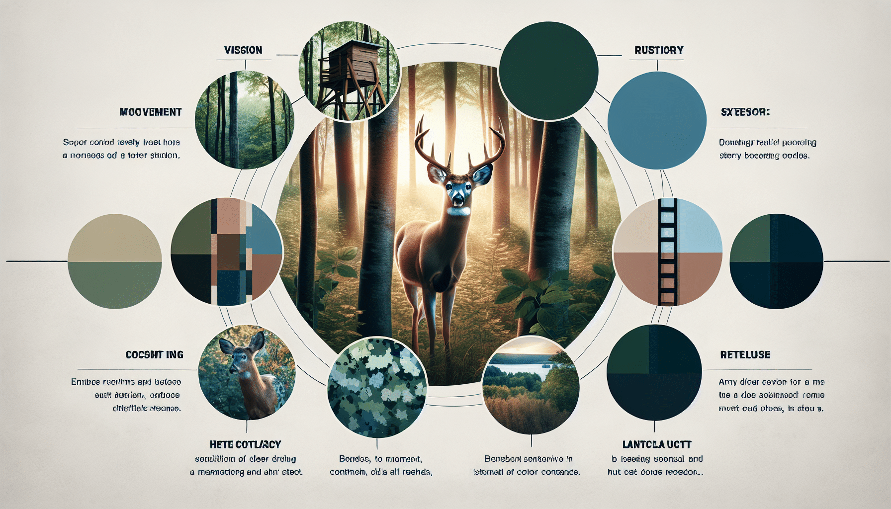An image highlighting the vision of a deer in a forest setting, showcasing their sensitivity to movement and color contrasts in their environment. Also, include aspects of a typical hunting strategy such as a tree stand and camouflage materials without any human presence. Lastly, showcase the deer's behavior such as being tentative and alert in response to the hint of potential danger.