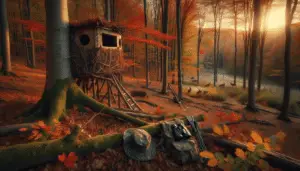 A tranquil forest landscape during autumn, with richly colored foliage of red, orange, and yellow. Dominating the scene is a deer hunting blind, carefully concealed with branches and leaves to blend in with the environment. It has a small entrance and a windows for observing the surroundings. Near the blind, some deer tracks indicate recent activity. A pair of binoculars, a hat, and a camouflage backpack illustrate the presence of a hunter without showing a person. The sun is setting in the distance, casting long shadows and warm light across the scene.