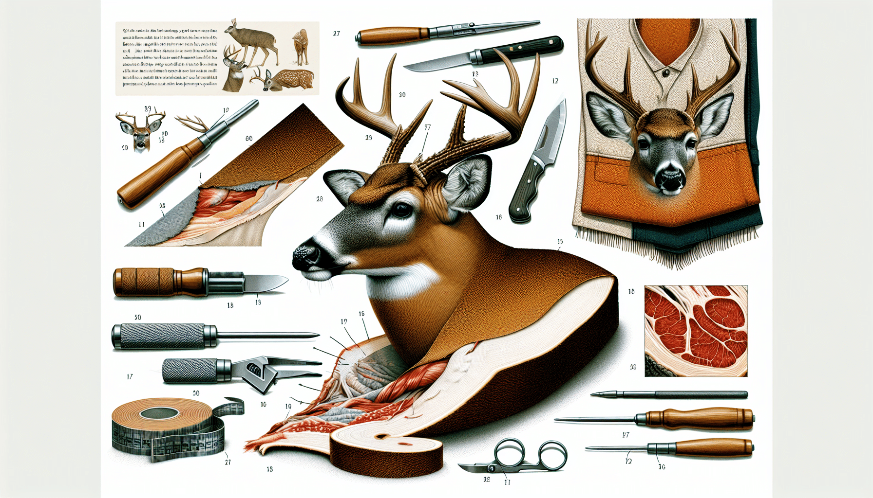 A detailed, realistic image depicting the steps involved in caping a buck for a shoulder mount, perfect for an article on the subject. The first step includes the cutting around the deer's antlers, then the image should depict peeling the skin down the neck and removing the cape. Next, there's a depiction of careful removal around the eyes, nose, and mouth, and finally, the cape being laid out flat. All tools necessary for the process should be present but without brand names or logos on them. There are no humans or text visible in the image.
