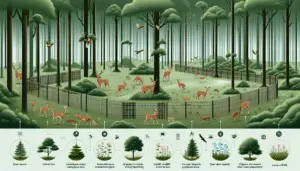 A serene forest scene depicting various non-lethal deer management techniques. Towards the left of the image, a tall fence is displayed that restricts access for deer while allowing smaller wildlife to travel without hindrance. To the right, a combination of trees and plants that deer tend to avoid are planted. There are certain spots in the image showing organic deer repellents too. In the middle of the image, a group of deer are peacefully grazing, unaware of the deterrents in place to manage their population. The overall atmosphere is of harmony, cohabitation, and respect for wildlife.