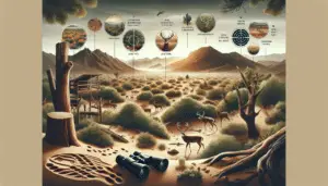 An image representation of deer hunting in Arizona. The setting consists of various landscapes ideal for hunting, such as a dense woodland area, a vast open desert and a small rocky ravine. Strategically placed within this scene are markers hinting to skilled strategies used by hunters - tracks in the sand, hidden hunting blinds, and a pair of binoculars for spotting game. Show deer roaming quietly in the distance. The atmosphere is serene and tranquil, embodying a typical quiet hunting day. There are no people, texts, brand names, or logos within this image.