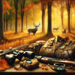 A serene Arkansan forest in autumn colors with tall trees and fallen leaves, illuminated by golden sunlight. In the distance, a majestic white-tailed deer stands alert, its muscular physique subtly visible behind the foliage. Placed in the foreground is an array of unbranded hunting gear, including a camouflage outfit, binoculars, a hunting bow, and a compass. The forest and the gear subtly hint at the thrill and preparation of deer hunting without including any people in the scene.