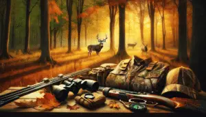A serene Arkansan forest in autumn colors with tall trees and fallen leaves, illuminated by golden sunlight. In the distance, a majestic white-tailed deer stands alert, its muscular physique subtly visible behind the foliage. Placed in the foreground is an array of unbranded hunting gear, including a camouflage outfit, binoculars, a hunting bow, and a compass. The forest and the gear subtly hint at the thrill and preparation of deer hunting without including any people in the scene.