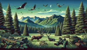 Depict a tranquil scene in the wilderness of Colorado, filled with vast green forests stretching to meet rugged mountain ranges. Include an abundance of wildlife such as a magnificent deer grazing in the foreground, and birds soaring in the clear blue sky. Highlight common hunting tools subtly placed such as a pair of binoculars and a camouflaged camping tent. Exemplify dawn or dusk, indicating prime hunting timings. Ensure that there are no humans, text, or brand names present in the composition.