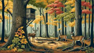 An illustrative image showing a serene and dense Connecticut forest during the autumn season with its renowned foliage of yellow, red, and orange. Within the forest, three deer, a buck, a doe, and a fawn can be seen, alert and slightly camouflaged in the forest scenery. Also visible are key hunting elements: a camouflage tree stand high up in a sturdy oak tree, and signs of deer behaviour like hoof prints and rubbed bark. No people or brands present.