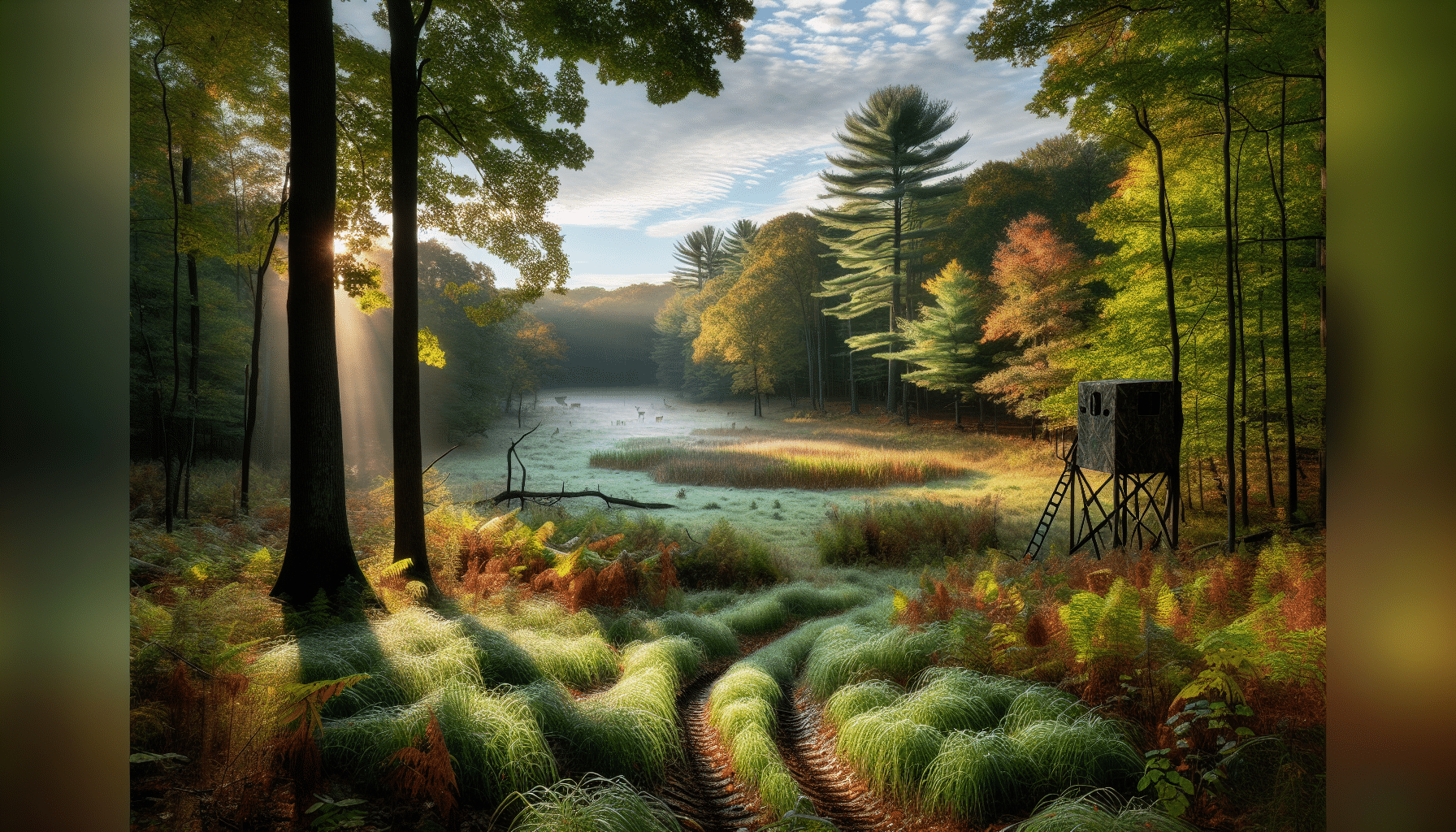 An early morning in a dense forest in Delaware with the sun barely peeking over the horizon casting long shadows on the dew-laced grass. A clearing ahead is surrounded by lush greenery and tall trees with vibrant autumnal colors. There's a well-camouflaged ground blind nearby discreetly nestled amongst the foliage. Deep deer tracks leading into the forest hint at the frequented path of the deer. Nearby, a natural salt lick can be spotted, known to attract local wildlife, especially deer. A well-positioned tree stand is visible higher up in a tall, sturdy tree providing a great vantage point for spotting deer.