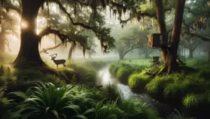 An early morning scene in a lush Floridian forest. Mist lingers over the dew-kissed grass, and the first rays of the sun peek through the dense canopy of leaves. A peaceful deer grazes near a bubbling brook, unperturbed by the surrounding serenity. Evidence of human sporting activity can be seen subtly, including a camouflage tree stand tucked away in the towering trees and a pair of binoculars on a rock, their owner evidently elsewhere. No logos, brands, or people are present, embodying the tranquility and allure of deer hunting in Florida.