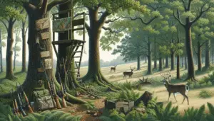 Illustrate a verdant forest landscape set in the fall season, featuring a variety of trees such as oaks, pines, and hickories. A herd of whitetail deer, a signature species in Georgia, are subtly seen roaming in the distance. Scatter hunting equipment such as a camouflaged deer stand, a scatter of deer tracks, and subtle signs of rubbed bark on trees, which are indicative of deer activity. Render these attributes using a realistic style without adding text or brand names to any element of the image.