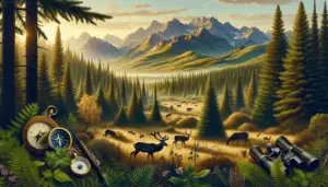 An idyllic natural landscape featuring the lush greenery of Idaho in fall. Mountains loom distantly beyond dense forests bathed in golden, autumnal hues. Scattered about the landscape are deer foraging for food, their elegant silhouettes blending harmoniously into their surroundings. There are visual cues such as a compass, binoculars, and a hunting rifle, all devoid of brand symbols, to suggest the theme of hunting. Dawn light filters through the canopy, casting long, soft shadows and highlighting the serene ambiance of an ideal hunting location.