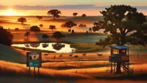 A serene image of the Kansas countryside in early dawn, characterized by rolling plains and scattered trees reflecting the array of hues from rising sun. A population of healthy white-tailed deer can be also seen in the distance, grazing peacefully. Nearby, there's signage indicating a famous location for deer hunting. Also showcase different hunting techniques such as strategically placed hunting blinds and tree stands. Remember not to depict people or any kind of brand names or logos within the image.