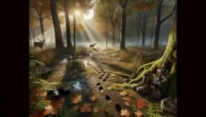 Create a detailed landscape of Kentucky woods during autumn, depicting an undisturbed natural habitat that is perfect for deer hunting. Feature a misty dawn, with rays of sunlight piercing through the dense foliage, casting long shadows. Place noticeable deer-tracks in the slightly damp soil, leading to a quiet stream nearby for added realism. Scatter around some basic hunting equipment, like a bow and arrows, a camouflage patterned hunting hat, and binoculars, but refrain from including any people or branded items. The scene should evoke feelings of tranquility, anticipation and respect for nature.
