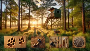 A beautiful sunrise scene in Louisiana, showcasing dense woods with lush evergreen trees, underbrush, and tall grass, characteristic of a good deer habitat. Within the frame, there's a clear sign of a deer crossing, indicated by fresh hoof prints and trails. Nearby, a stand built for deer hunting subtly blends into the trees. Add to this, symbols of traditional hunting practices, such as a bow, carefully crafted arrows and binoculars, positioned naturally within the environment. All elements must not contain any identifiable branding or text.