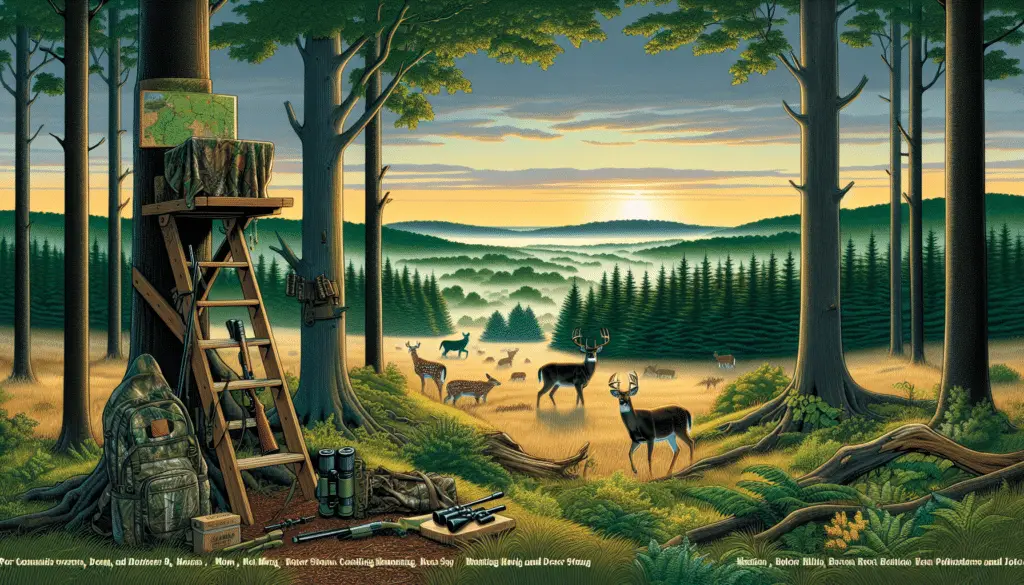 A scenic landscape signifies Maryland's hunting locations without including any people. Feature a dense forest with both coniferous and deciduous trees noted for deer hunting. Early dawn or dusk lighting would hint at prime hunting times. Scatter signs of deer presence, such as footprints, nibbled foliage, or small herds grazing in the distance. Include hunting equipment like a tree stand, camouflage tarp, and a pair of binoculars laid against a tree, subtly signifying the 'how to hunt' aspect of the article. No text, brand names or logos should be visible in the image.