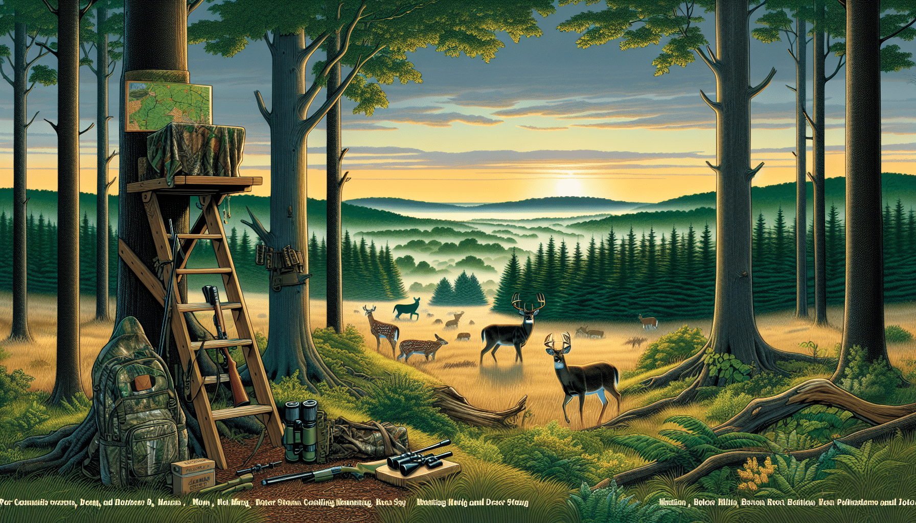 A scenic landscape signifies Maryland's hunting locations without including any people. Feature a dense forest with both coniferous and deciduous trees noted for deer hunting. Early dawn or dusk lighting would hint at prime hunting times. Scatter signs of deer presence, such as footprints, nibbled foliage, or small herds grazing in the distance. Include hunting equipment like a tree stand, camouflage tarp, and a pair of binoculars laid against a tree, subtly signifying the 'how to hunt' aspect of the article. No text, brand names or logos should be visible in the image.
