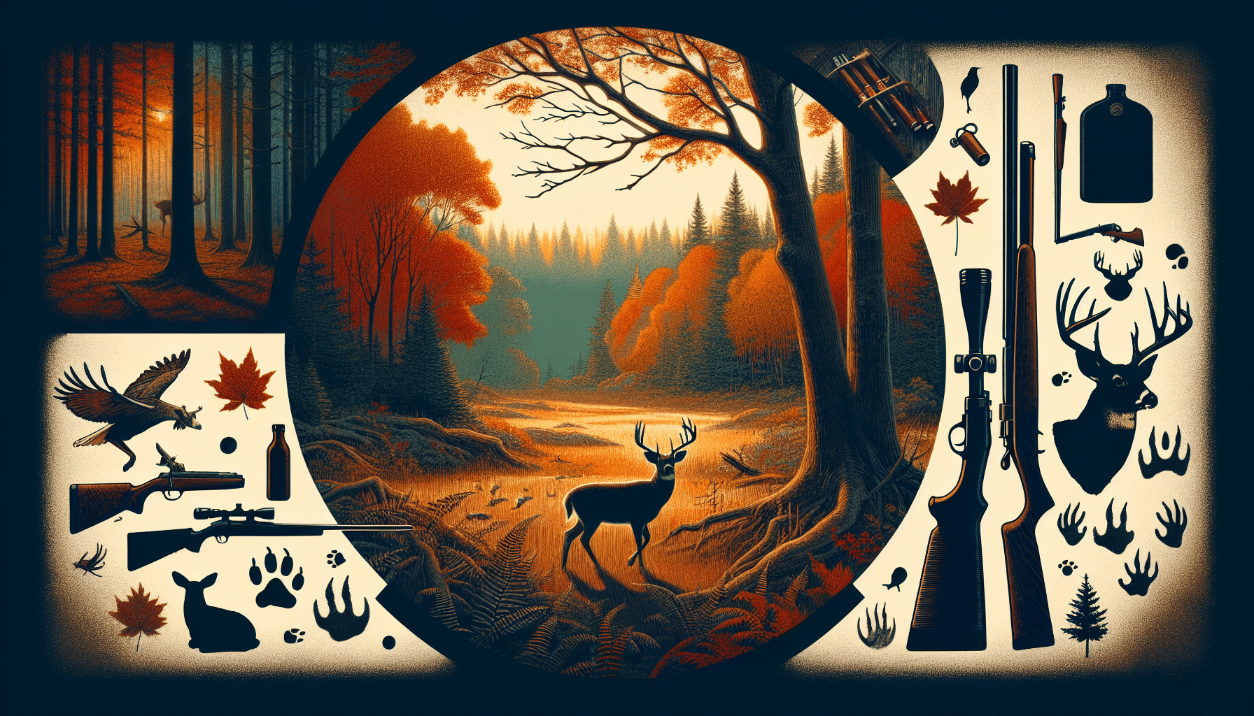 An illustrative image portraying the concept of deer hunting in Massachusetts, void of any human presence. Focus on quintessential elements such as woodland areas glowing with autumnal colors typical of the region, signifying the hunting season. Include a silhouette of a deer in a clear area, a hunting rifle leaning against a tree, and some scattered deer tracks on the ground. There should be no text or brands shown in the scene and no people represented. The image should convey the essence of a serene, undeveloped natural landscape during the hunting season.